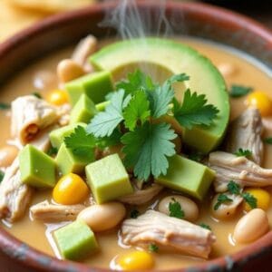 Hearty White Chicken Chili With Creamy Avocado and Lime