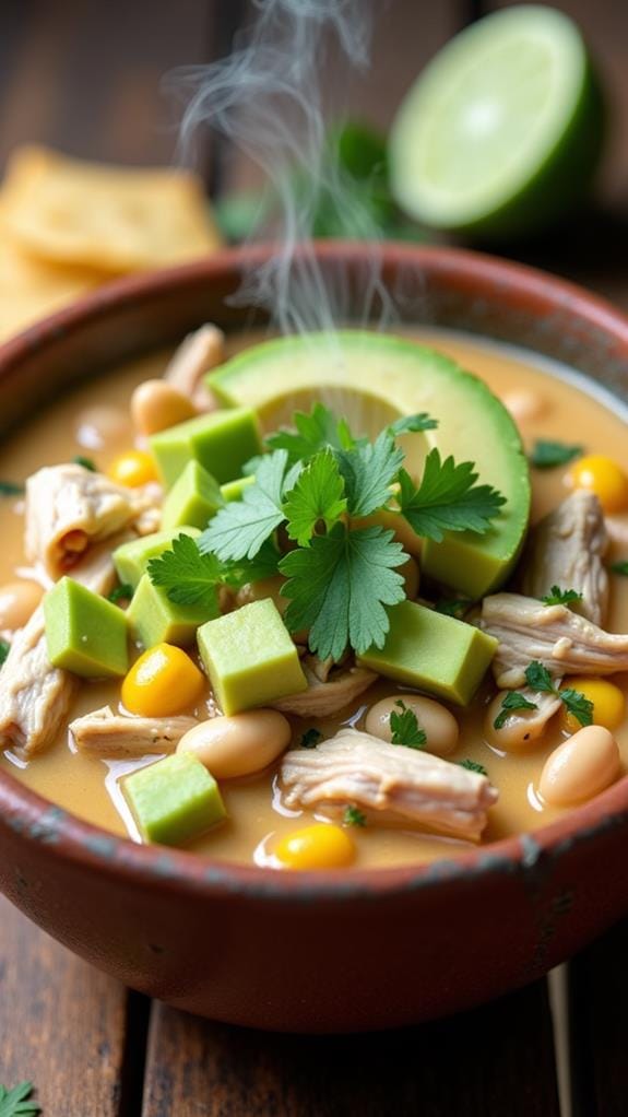 Hearty White Chicken Chili With Creamy Avocado and Lime