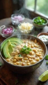 Hearty White Chicken Chili With Creamy Avocado and Lime