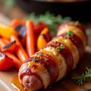 Bacon Wrapped Bratwurst With Honey Mustard Glaze and Roasted Vegetables recipe