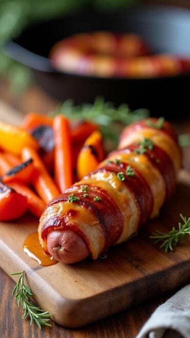 Bacon Wrapped Bratwurst With Honey Mustard Glaze and Roasted Vegetables recipe