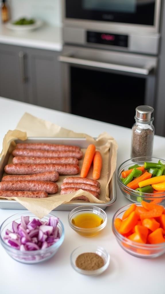 Bacon Wrapped Bratwurst With Honey Mustard Glaze and Roasted Vegetables recipe