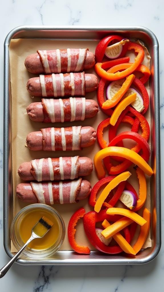 Bacon Wrapped Bratwurst With Honey Mustard Glaze and Roasted Vegetables recipe