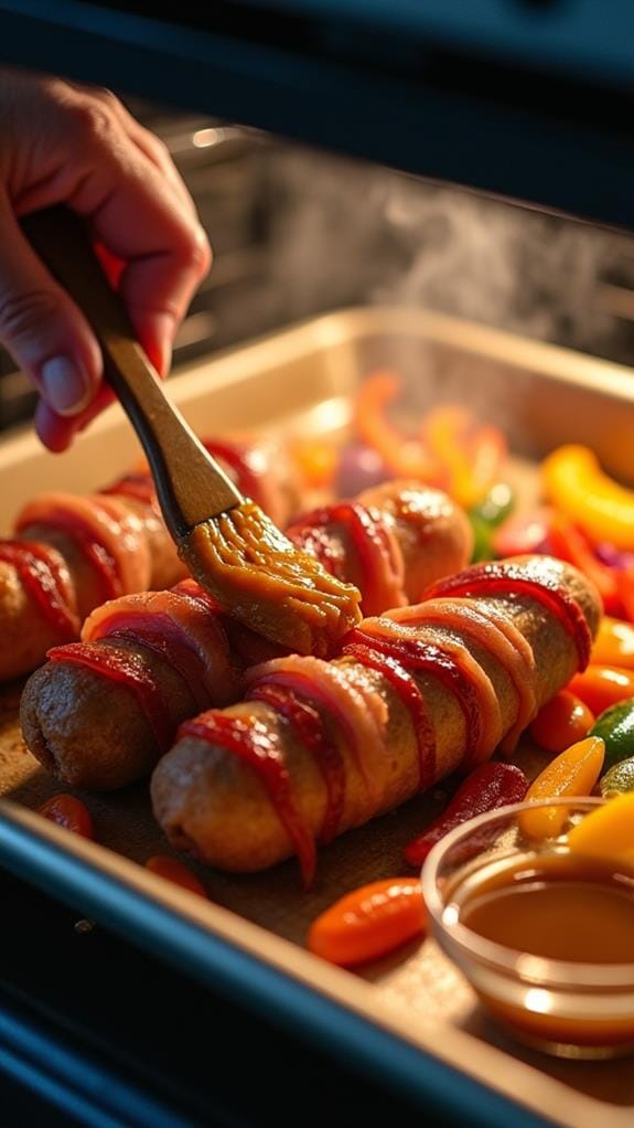 Bacon Wrapped Bratwurst With Honey Mustard Glaze and Roasted Vegetables recipe