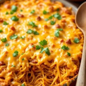 Cheesy Taco Spaghetti Bake With Crunchy Tortilla Topping recipe