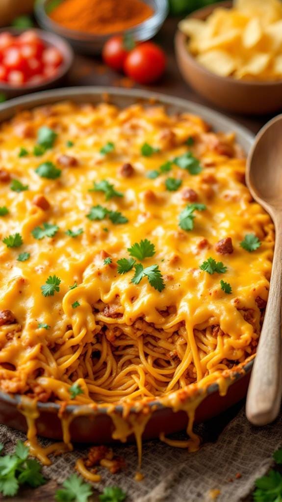 Cheesy Taco Spaghetti Bake With Crunchy Tortilla Topping recipe