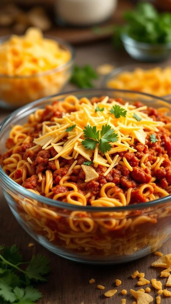 Cheesy Taco Spaghetti Bake With Crunchy Tortilla Topping recipe