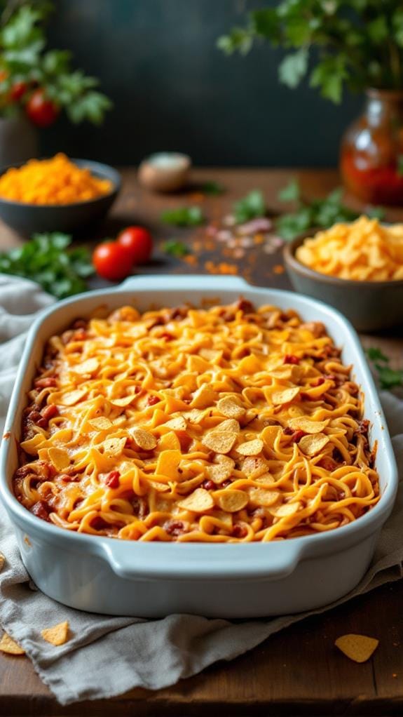 Cheesy Taco Spaghetti Bake With Crunchy Tortilla Topping recipe