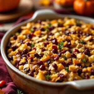 Easy Herb and Mushroom Thanksgiving Stuffing with Dried Cranberries