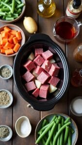 Hearty Slow Cooker Beef and Green Bean Stew With Roasted Garlic recipe