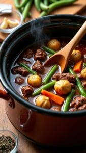 Hearty Slow Cooker Beef and Green Bean Stew With Roasted Garlic recipe