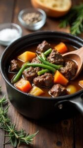 Hearty Slow Cooker Beef and Green Bean Stew With Roasted Garlic recipe