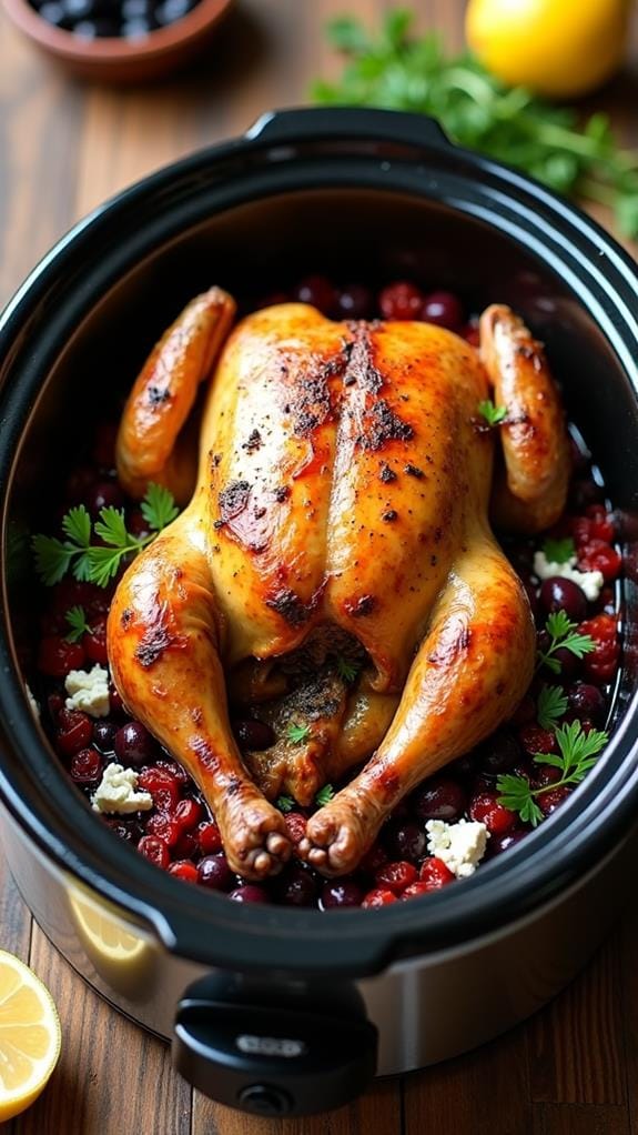 Mediterranean-Style Slow Cooker Whole Chicken With Olives and Feta