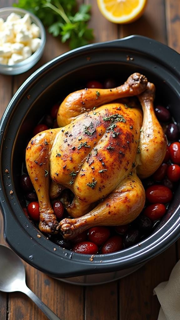 Mediterranean-Style Slow Cooker Whole Chicken With Olives and Feta