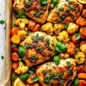 Sheet Pan Pesto Chicken With Roasted Cauliflower and Carrots