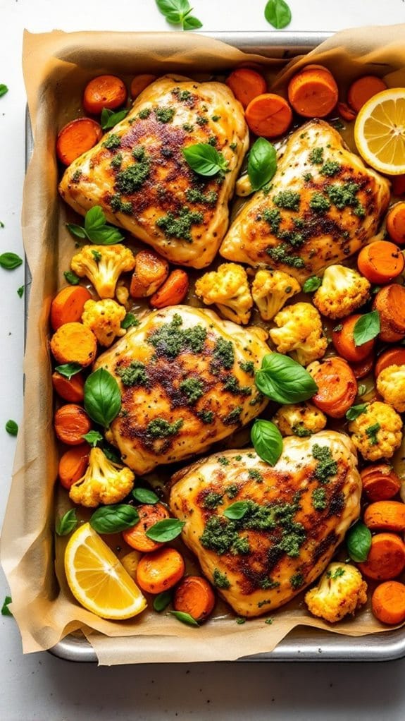 Sheet Pan Pesto Chicken With Roasted Cauliflower and Carrots