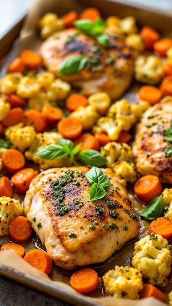 Sheet Pan Pesto Chicken With Roasted Cauliflower and Carrots