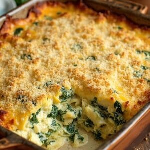 Cheesy Chicken Artichoke Bake With Spinach and Parmesan Crust