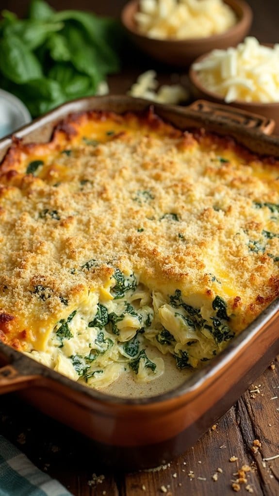 Cheesy Chicken Artichoke Bake With Spinach and Parmesan Crust