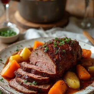 Festive Hanukkah Wine-Braised Beef Brisket With Root Vegetables