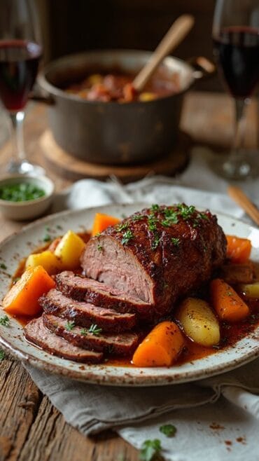 Festive Hanukkah Wine-Braised Beef Brisket With Root Vegetables